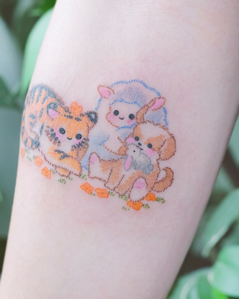 Adorable Animal Trio: A Heartwarming Mother of 3 Tattoo Idea Symbolizing Love & Bond with Kids