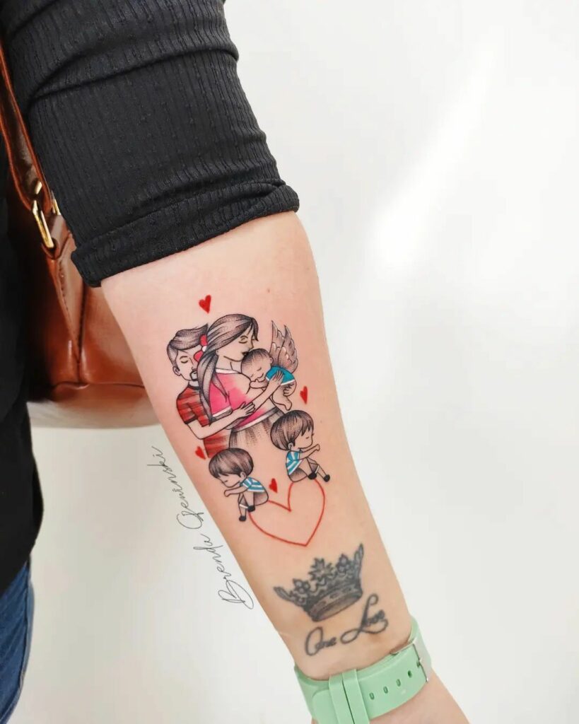 Loving Mother Embracing Three Kids: Symbolic Heart, Crown - Meaningful Mother of 3 Tattoo Idea