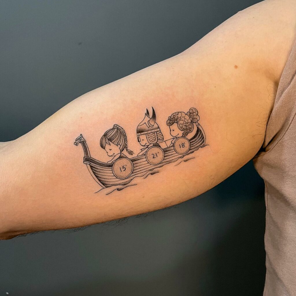 Adorable Mother of 3 Tattoo: Rowing Her Kids in a Symbolic Journey, Perfect for Moms Seeking Unique 3 Child Tattoo Ideas